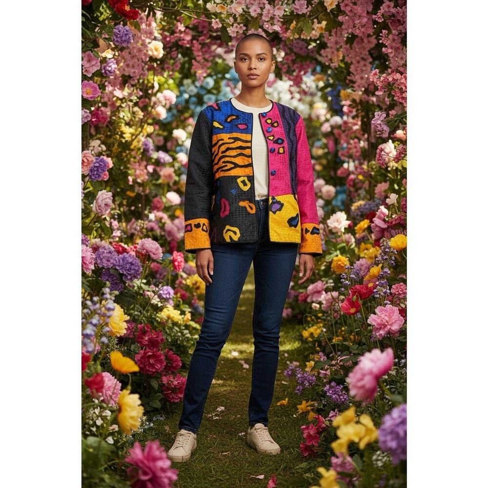 Julia Ku Vibrant Jacket Women XL Colorblock Embroidered Applique Toggle Buttons